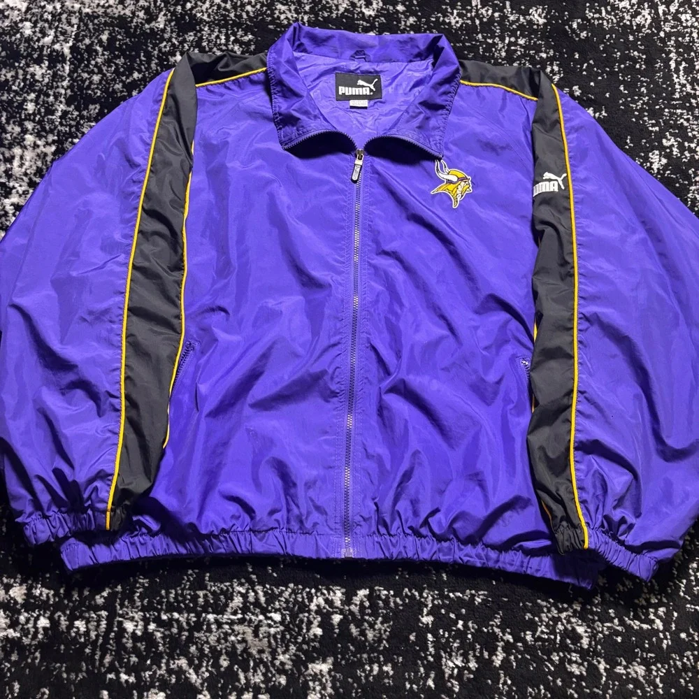 Vintage Puma Minnesota Vikings NFL Windbreaker Jacket Mens 2XL Purple Full Zip